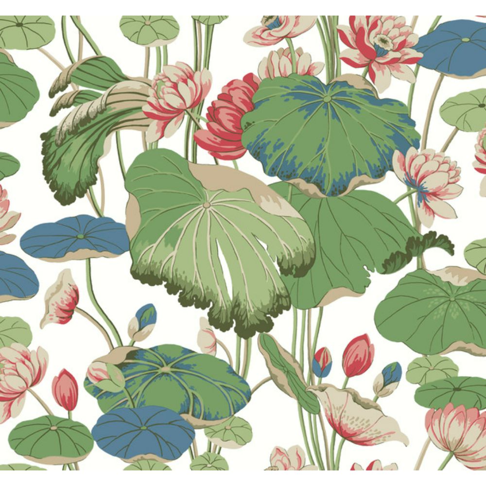 York GO8293 Greenhouse Lotus Pond Cotton/Peacock Wallpaper in Green, Pink