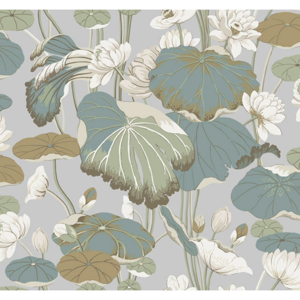 York GO8294 Greenhouse Lotus Pond Heather/Cotton Wallpaper in Grey, Blue