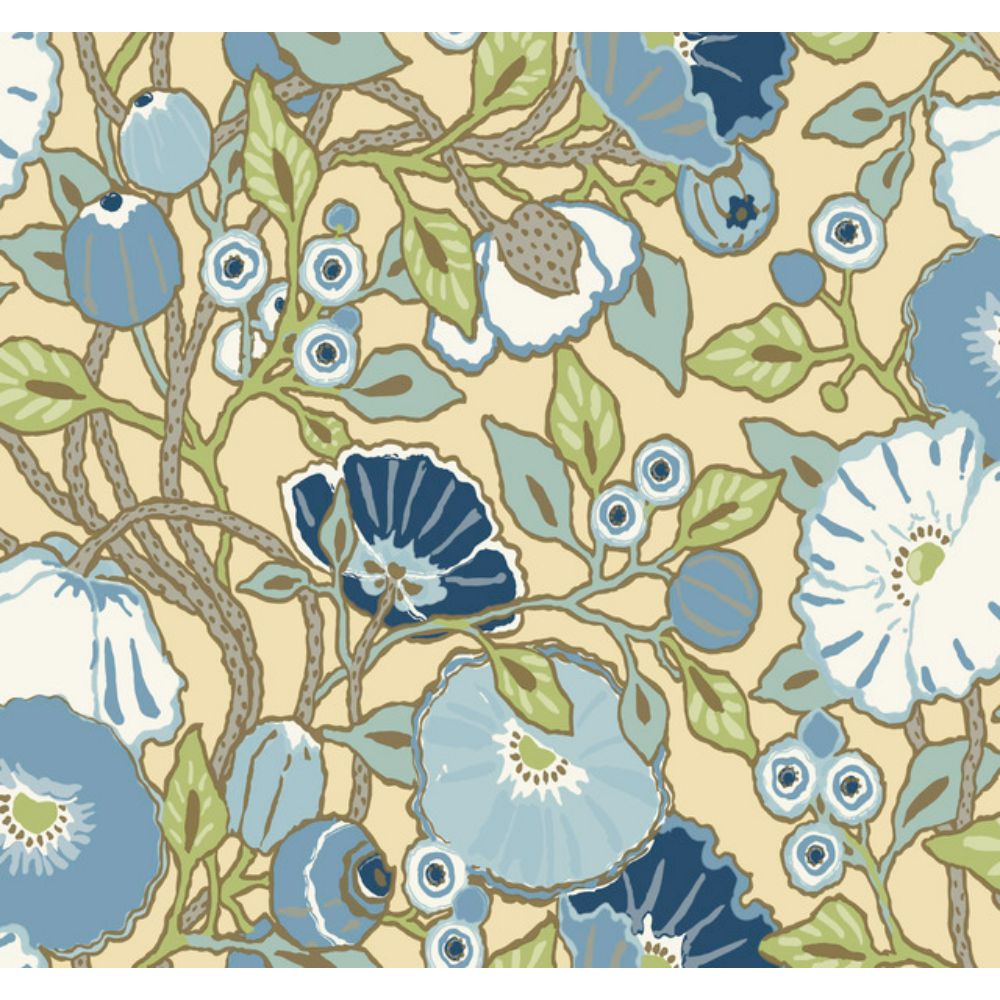 York GO8311 Greenhouse Vincent Poppies Sunflower Wallpaper in Yellow, Blue