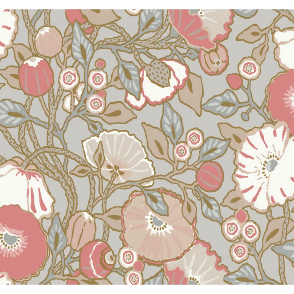 York GO8314 Greenhouse Vincent Poppies Dove Wallpaper in Grey, Pink