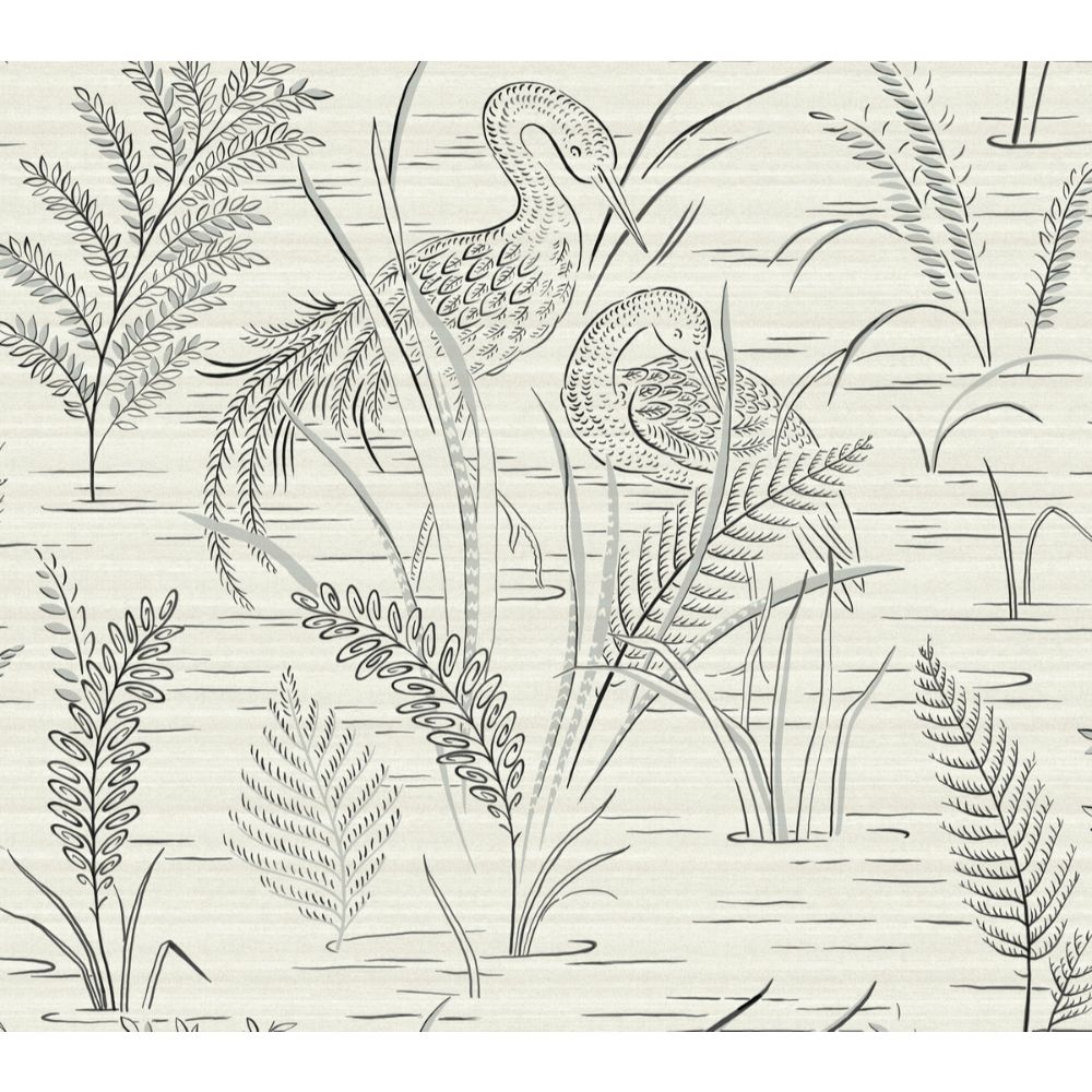 York Wallcoverings GR5953 Grandmillennial Fernwater Cranes Wallpaper in Black/Gray