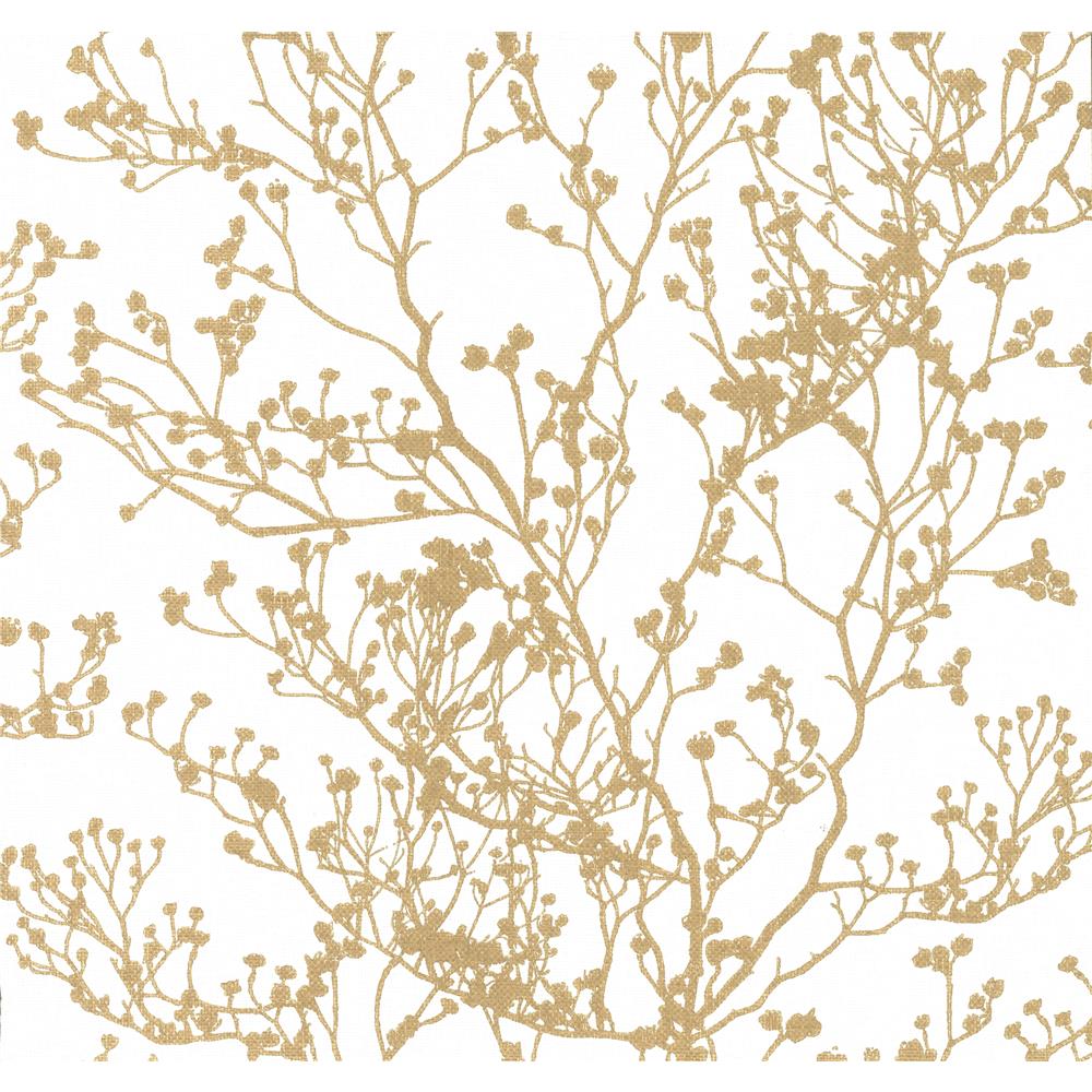 York Designer Series HC7516 Handcrafted Naturals Budding Branch Silhouette Wallpaper in White/Gold