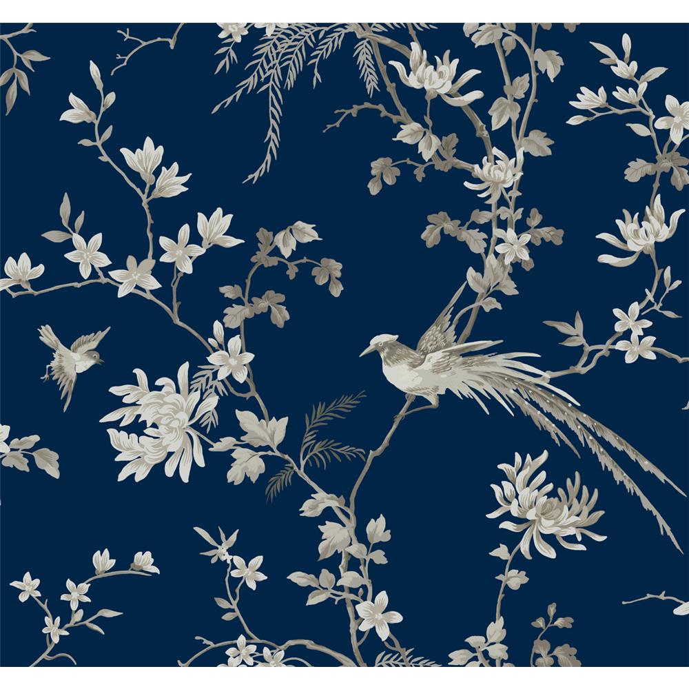 Ronald Redding Designs by York KT2171 Bird And Blossom Chinoserie Wallpaper in Blue