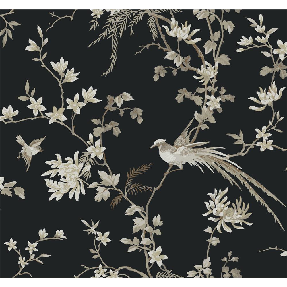 Ronald Redding Designs by York KT2173 Bird And Blossom Chinoserie Wallpaper in Black