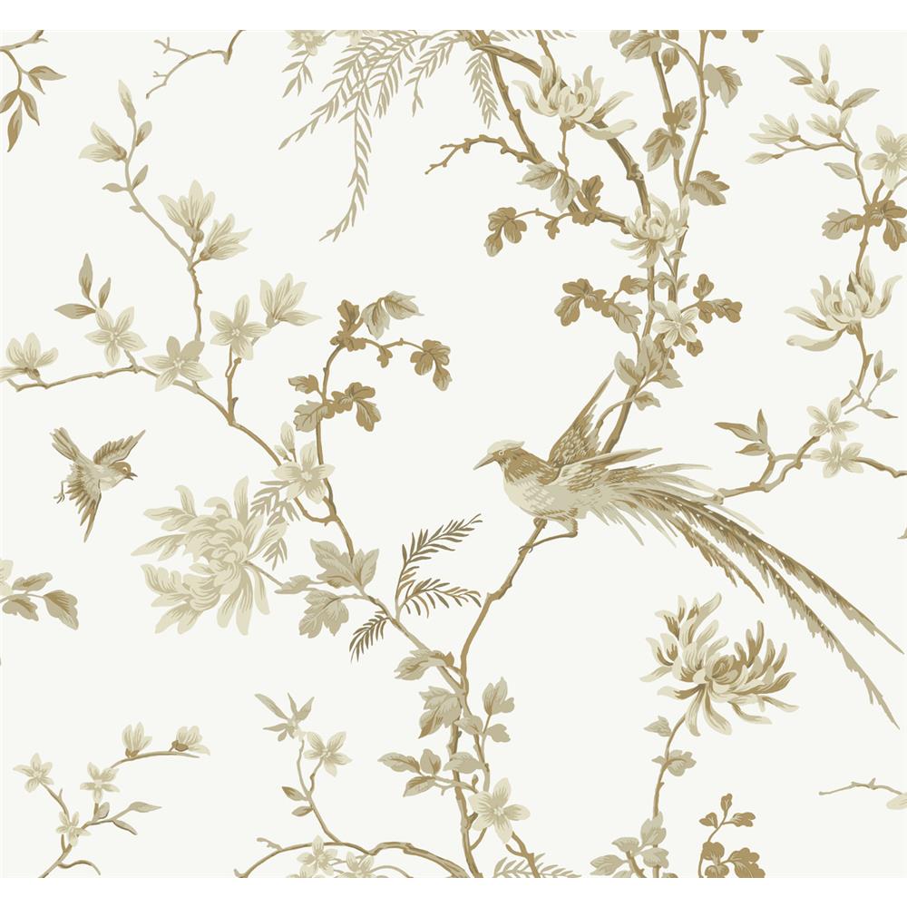 Ronald Redding Designs by York KT2174 Bird And Blossom Chinoserie Wallpaper in White/Gold