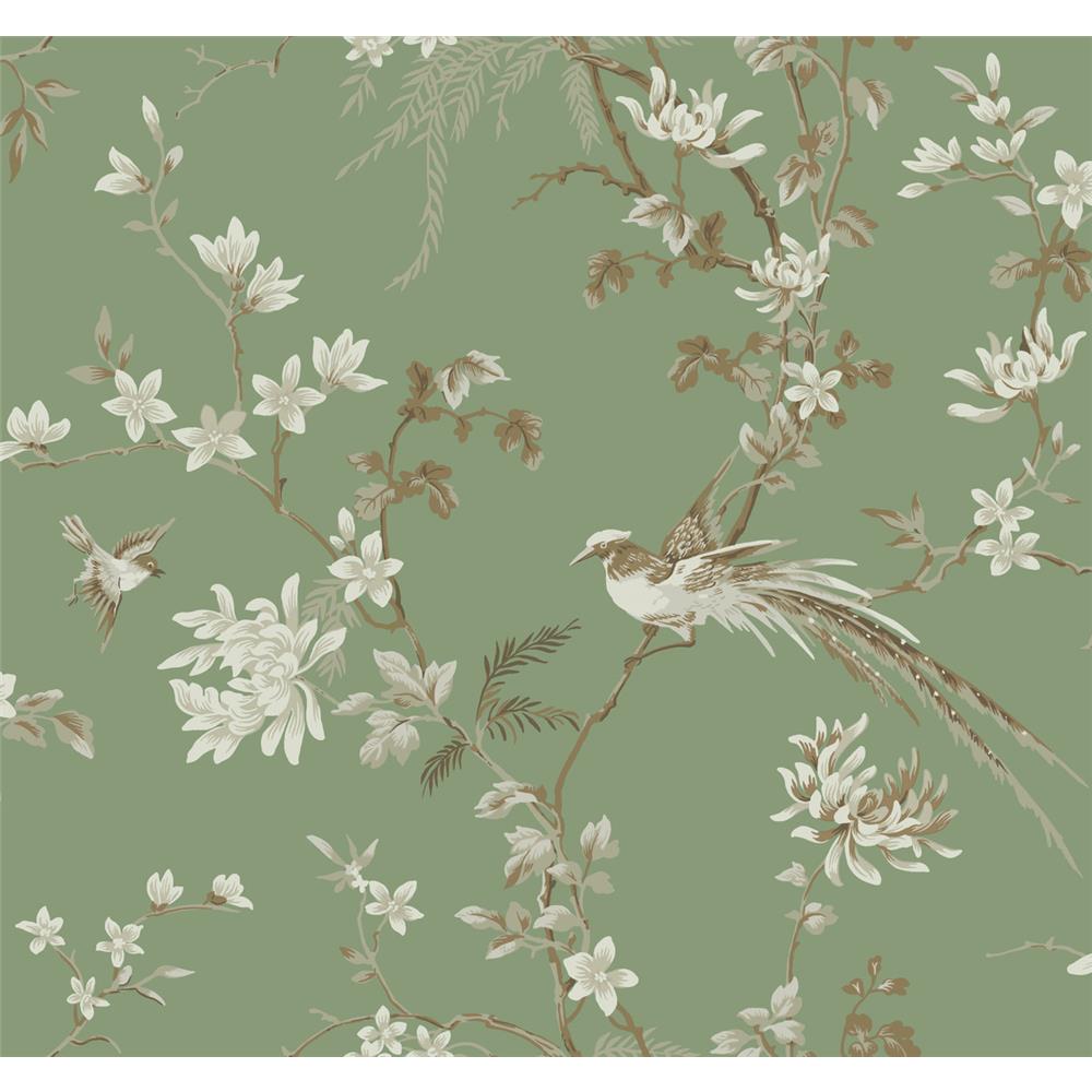 Ronald Redding Designs by York KT2175 Bird And Blossom Chinoserie Wallpaper in Green