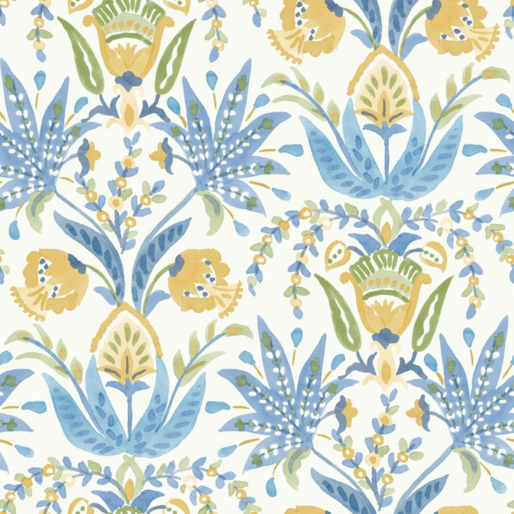 York MN1913 Mediterranean Seaside Jacobean Wallpaper in White/Yellow/Blue