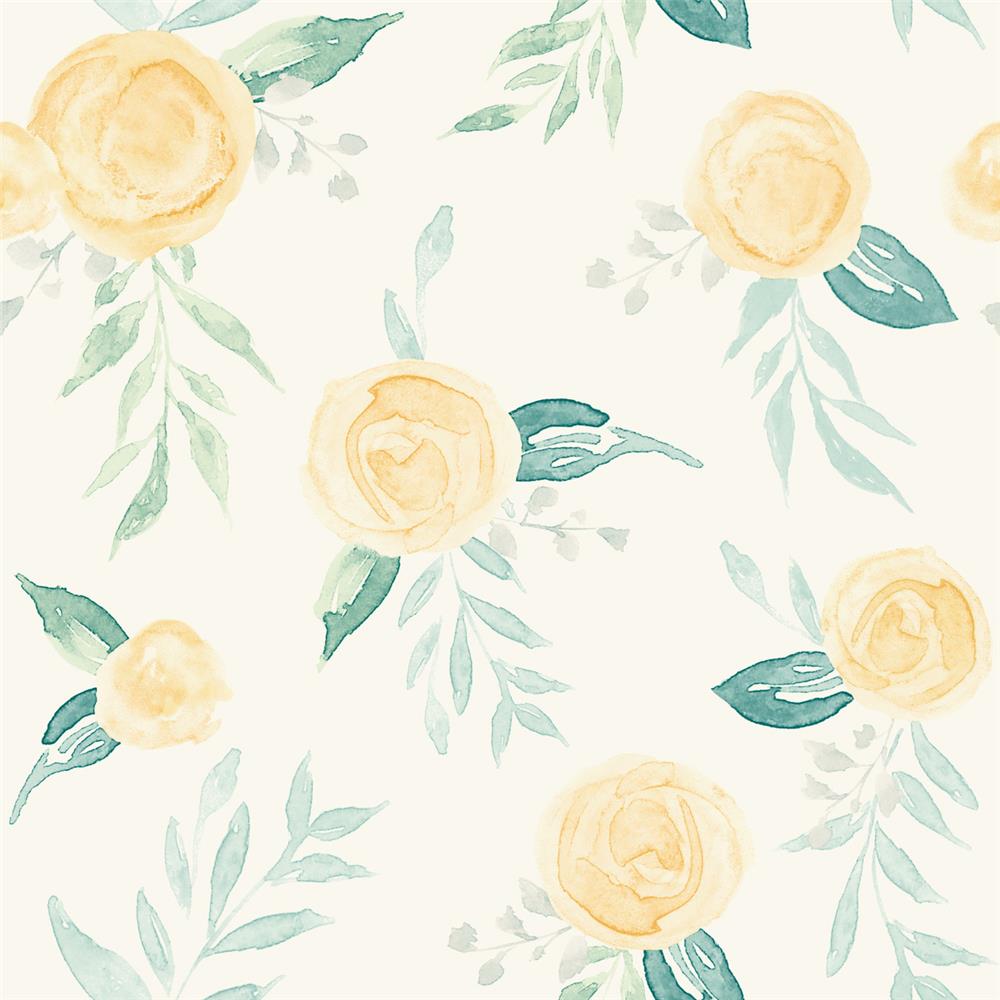 York Designer Series Magnolia Home by Joanna Gaines PSW1012RL Watercolor Roses Wallpaper wallpaper in Yellow