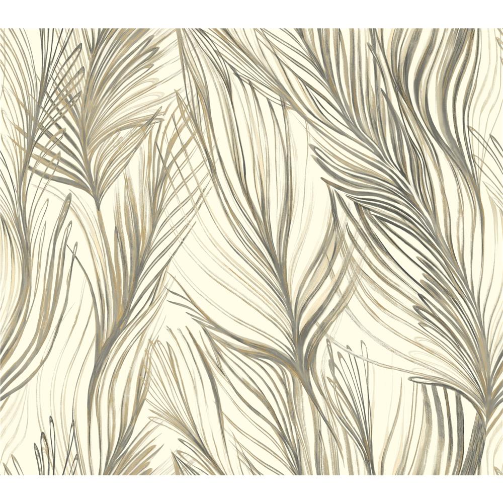 Premium Peel & Stick by York Designer Series PSW1104RL Peaceful Plume Peel and Stick Wallpaper in Charcoal / Gold
