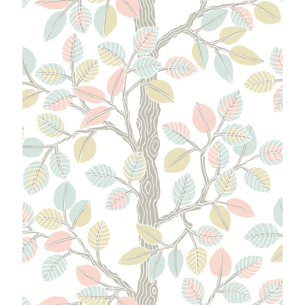 Premium Peel + Stick by York PSW1208RL Whimsy Forest Leaves Peel and Stick Wallpaper in Pink/Mint