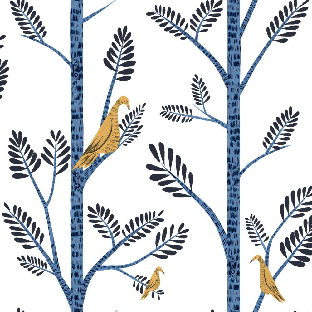 York PSW1236RL Risky Business III Aviary Branch Peel & Stick Wallcovering in Blue/Yellow
