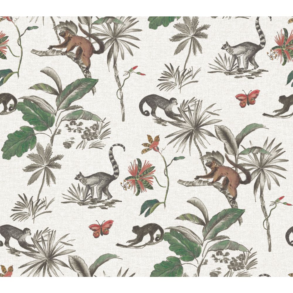 York PSW1353RL Wildlife Botanicals & Lemurs Peel and Stick Wallpaper in White, Green