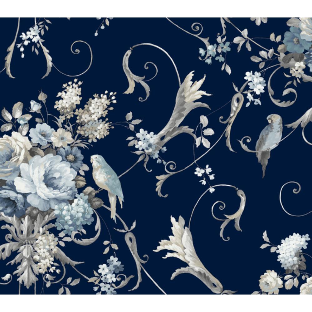 York PSW1360RL Vintage Florals Parrots with Floral Bouquets Wallpaper in Navy