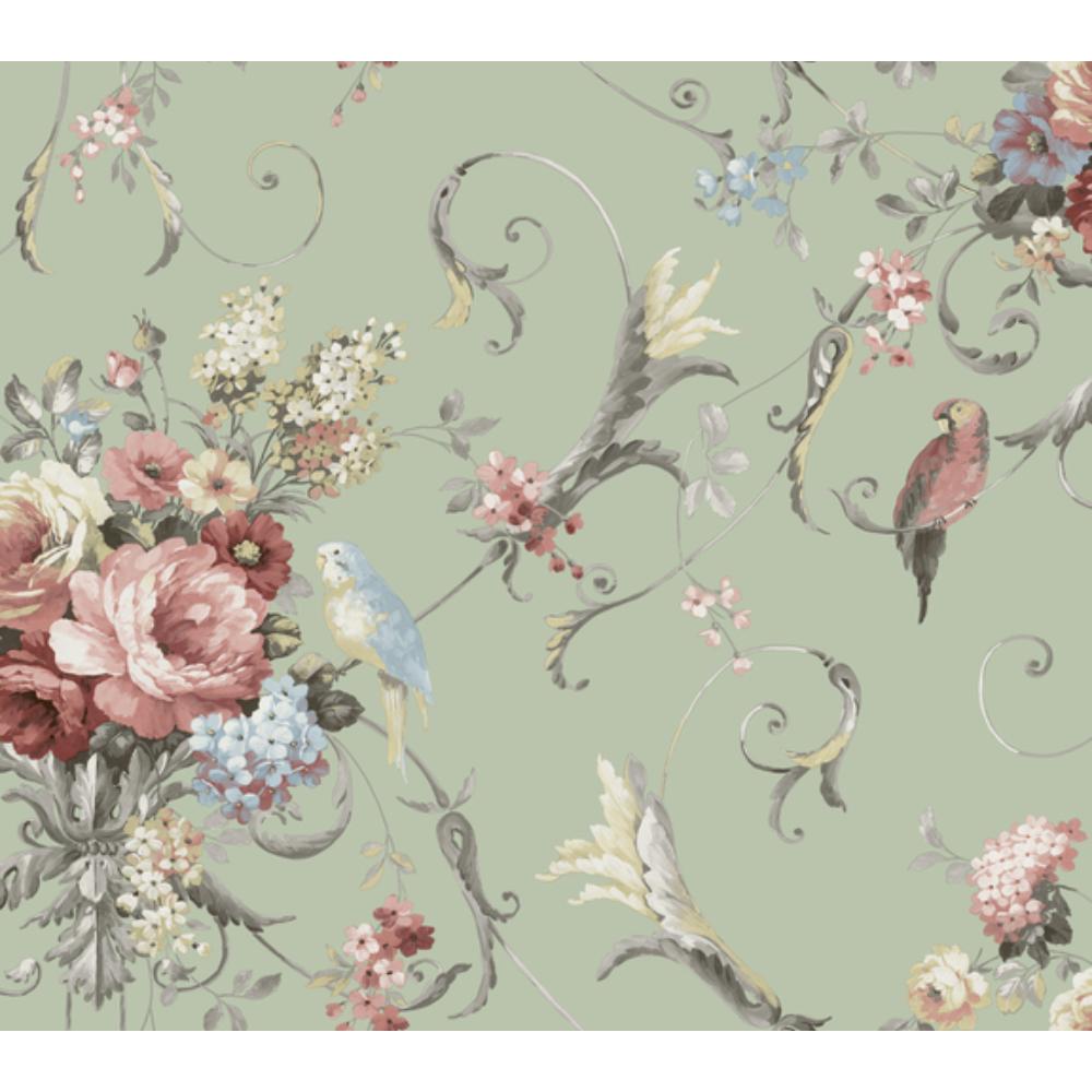 York PSW1361RL Vintage Florals Parrots with Floral Bouquets Wallpaper in Eucalyptus