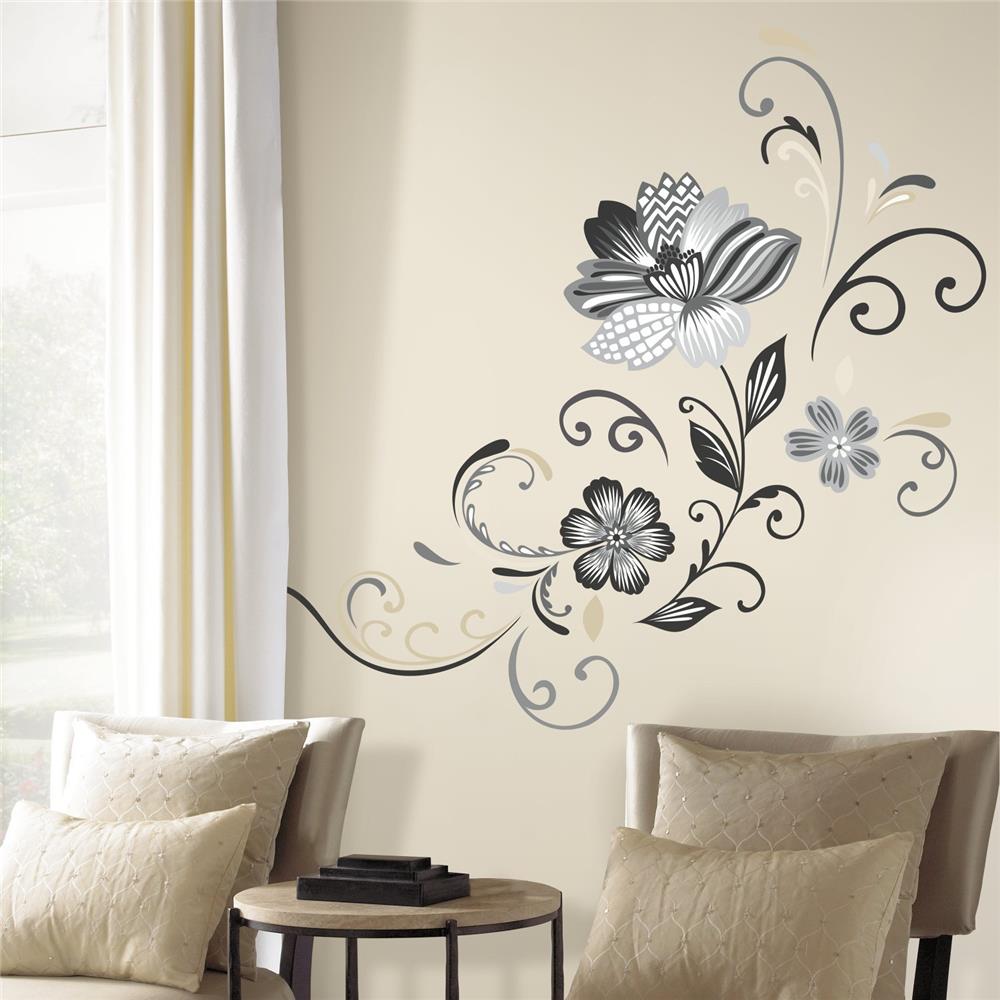 RoomMates by York RMK2783GM Black And White Flower Scroll Peel And Stick Giant Wall Decals In Black