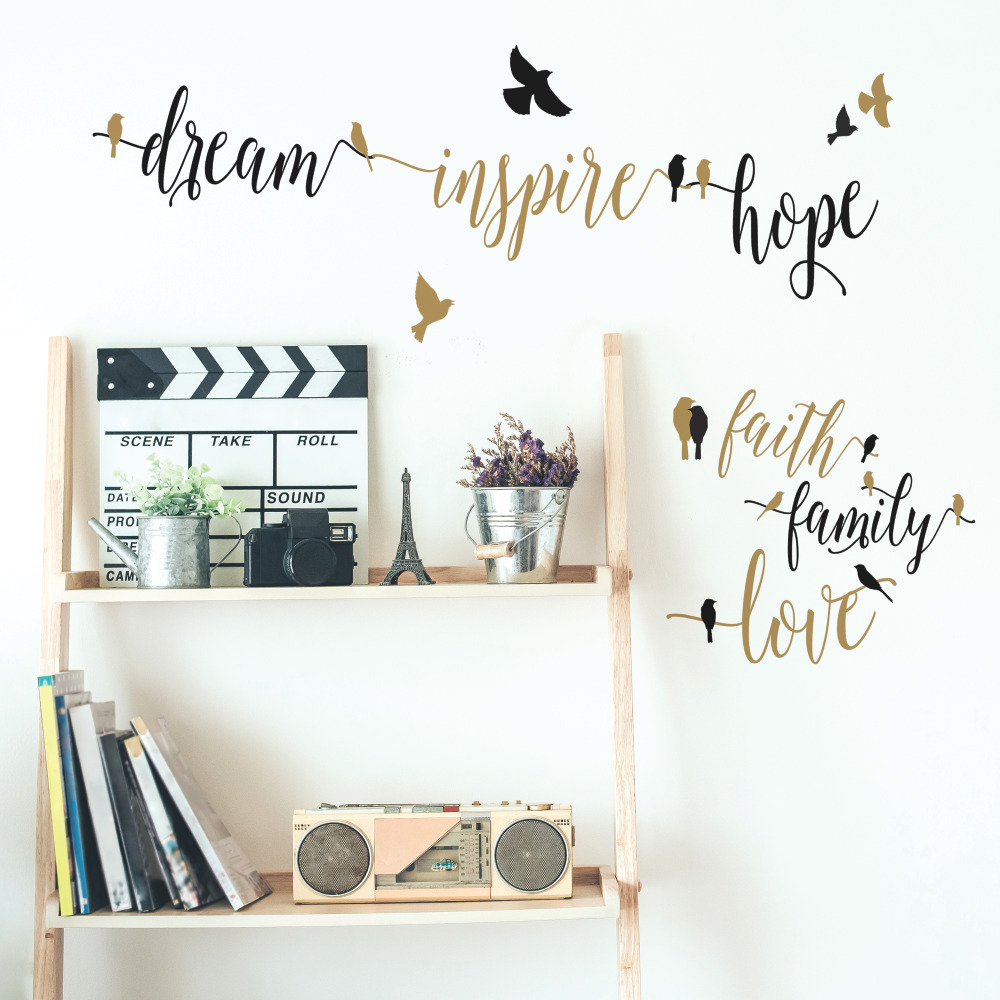 RoomMates by York RMK3088SCS Inspirational Words With Birds Peel And Stick Wall Decals In Gold