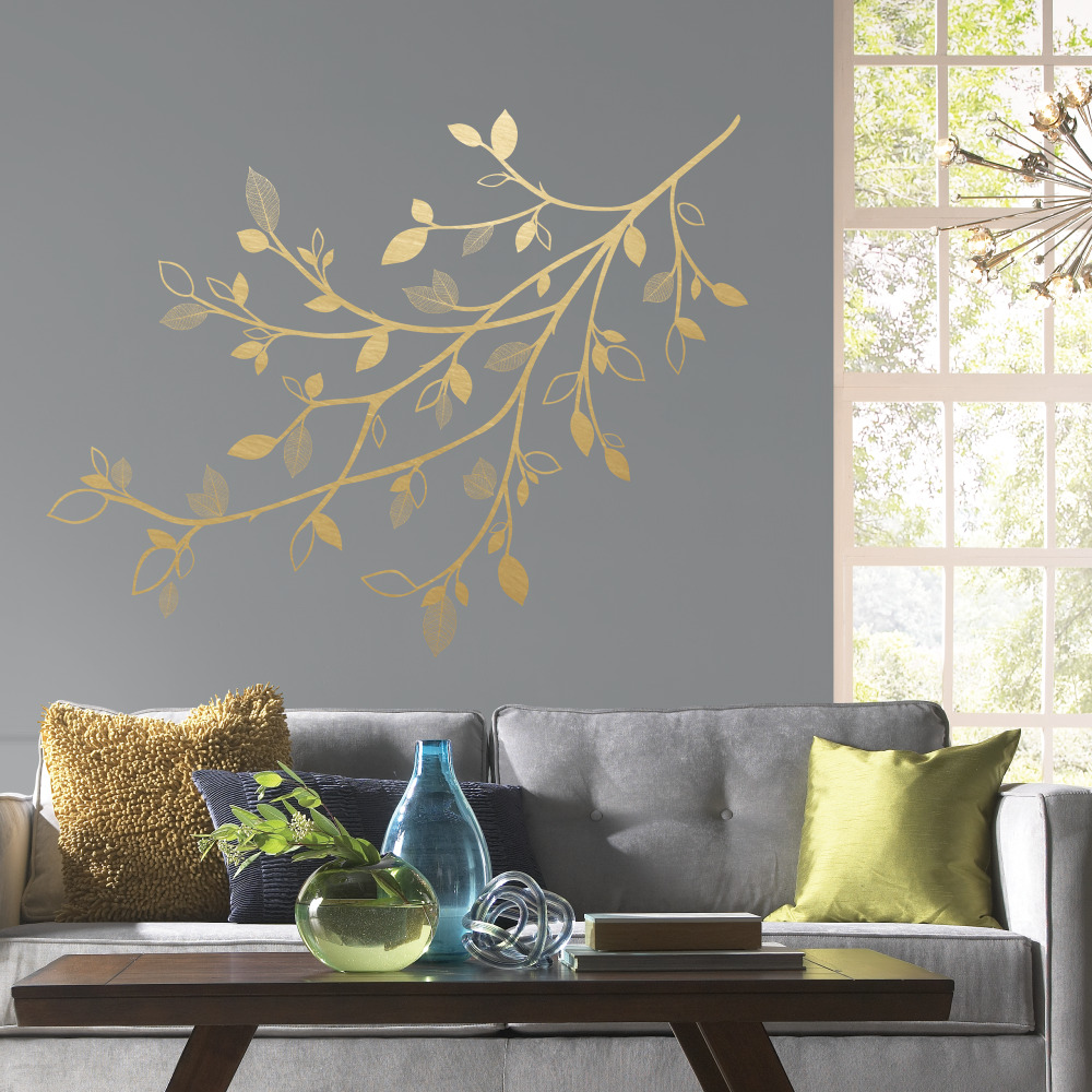 RoomMates by York RMK3547GM Gold Branch Peel And Stick Giant Wall Decals With 3D Leaves