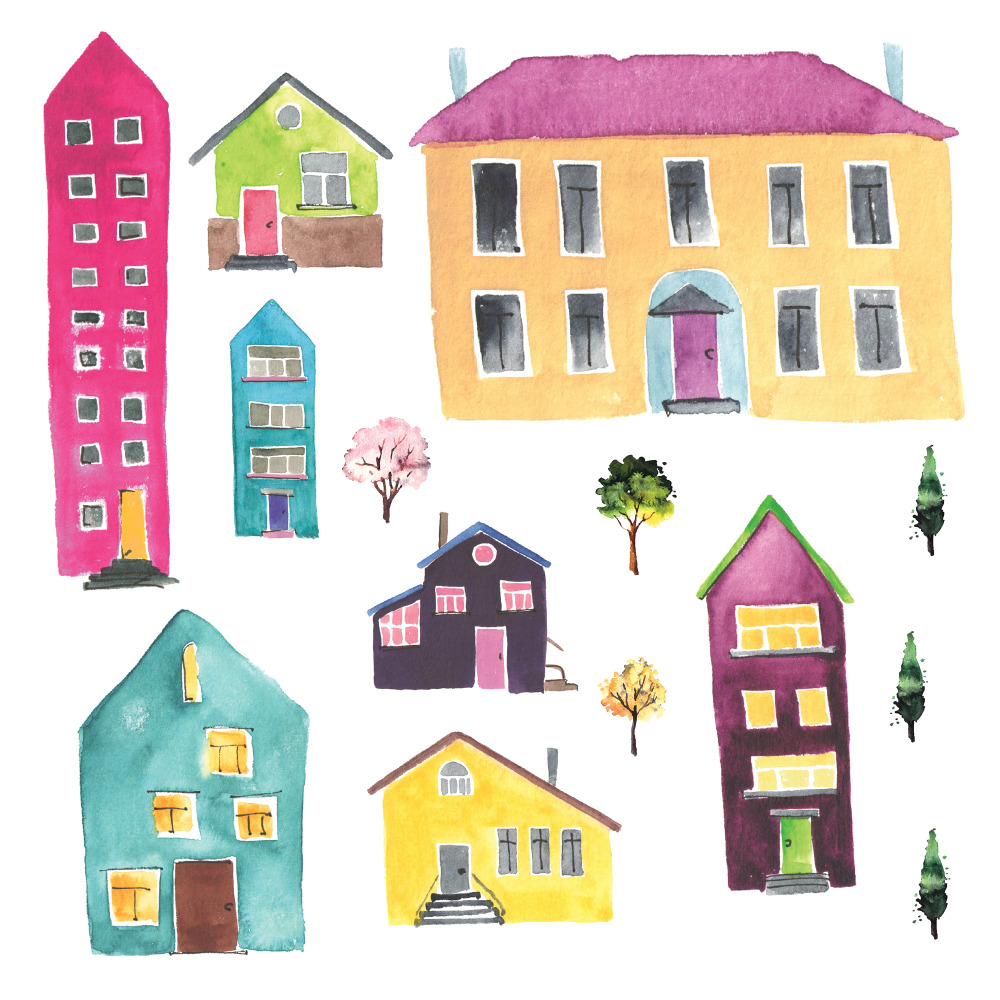 RoomMates by York RMK4011GM Watercolor Village Peel And Stick Wall Decals