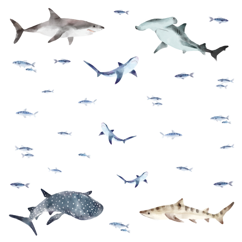 RoomMates by York RMK4311SCS Sharks Peel And Stick Wall Decals In Blue; Gray; White