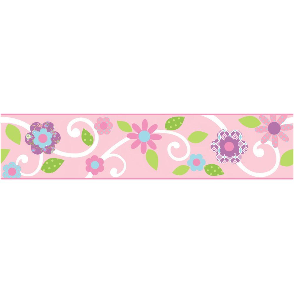 Roommates by York RMK4400BD SCROLL FLORAL BDR.(PINK W/WHT) in pink; purple; green