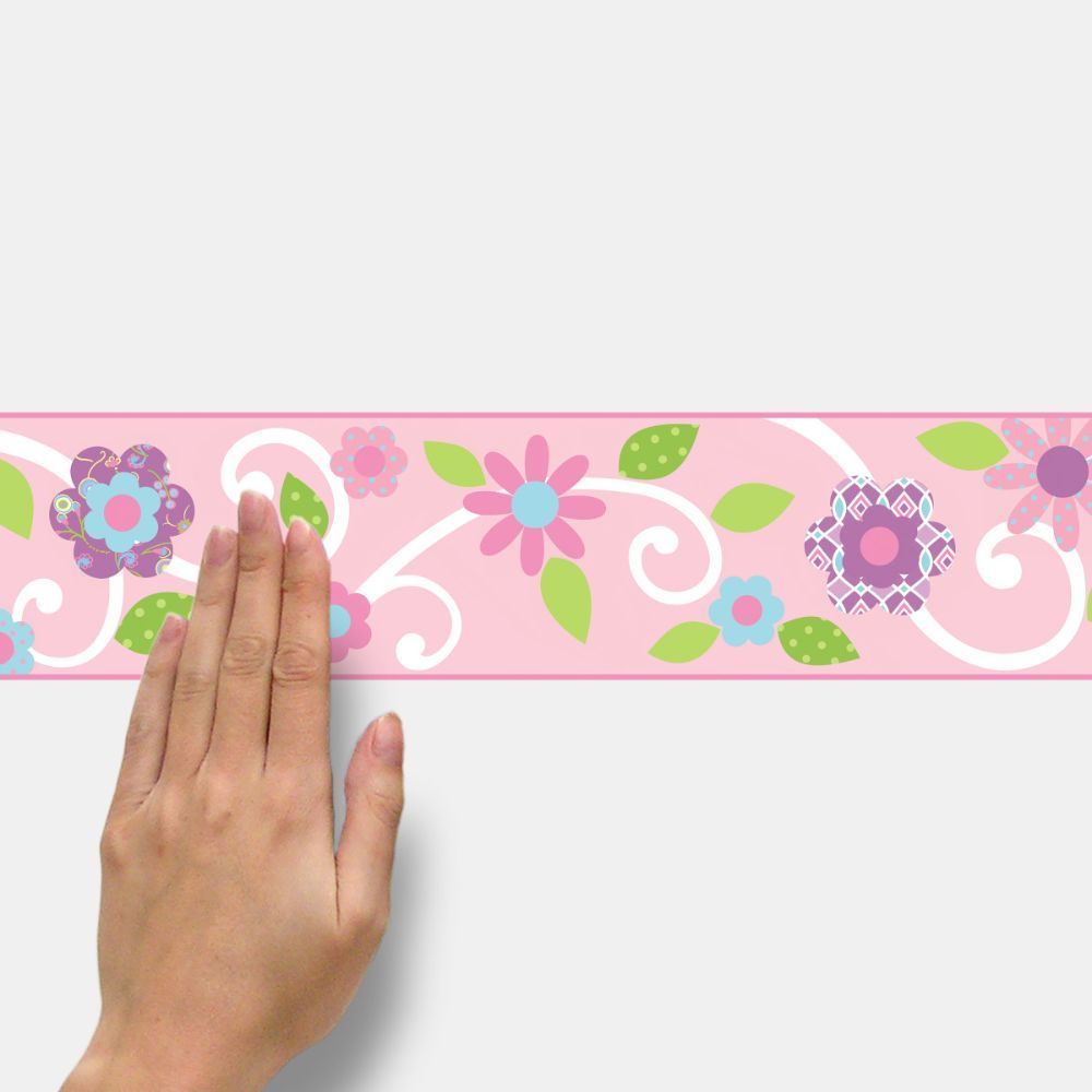 Roommates by York RMK4400BD Scroll Floral Bdr.(Pink W/Wht) in Pink, Purple, Green