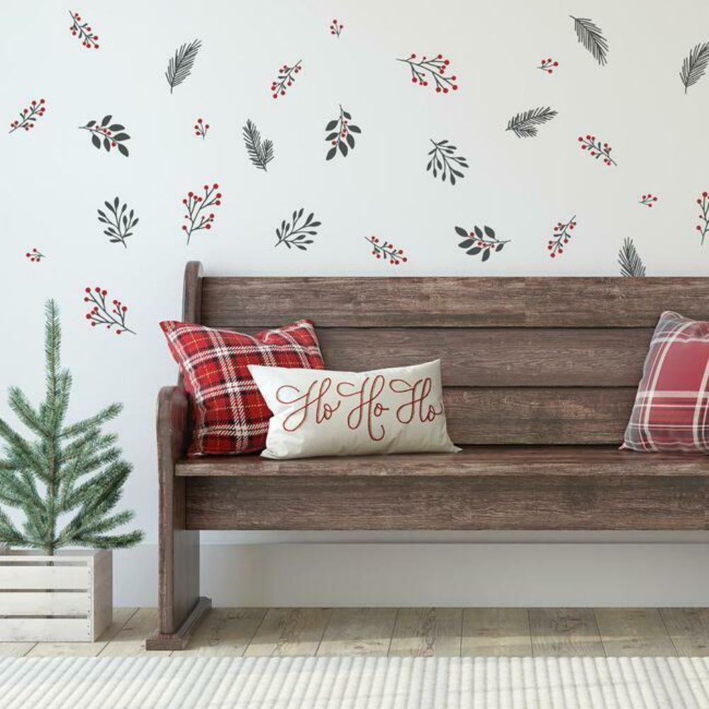 RoomMates by York RMK4834SCS Holly Berries and Twigs Peel & Stick Wall Decals in Red / Gray