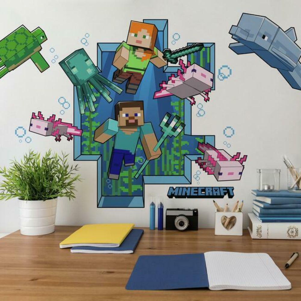 RoomMates by York RMK5005GM Minecraft Peel & Stick Giant Wall Decals in Blue / Pink / Green