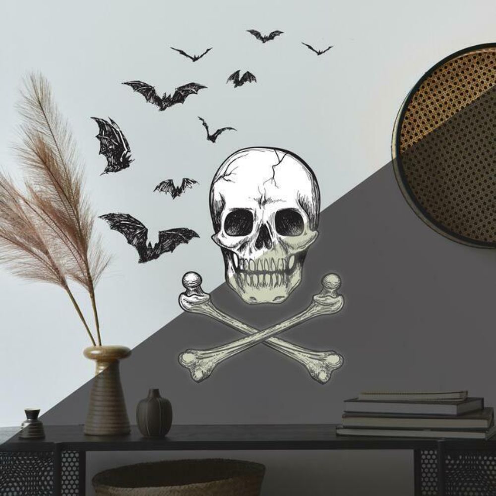 RoomMates by York RMK5086GM Skull Glow In The Dark Peel & Stick Giant Wall Decals in Black / White