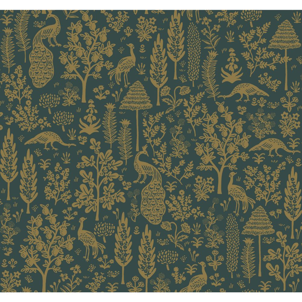 York RP7373 Rifle Paper Co. Second Edition Menagerie Toile Wallpaper in Emerald & Metallic Gold