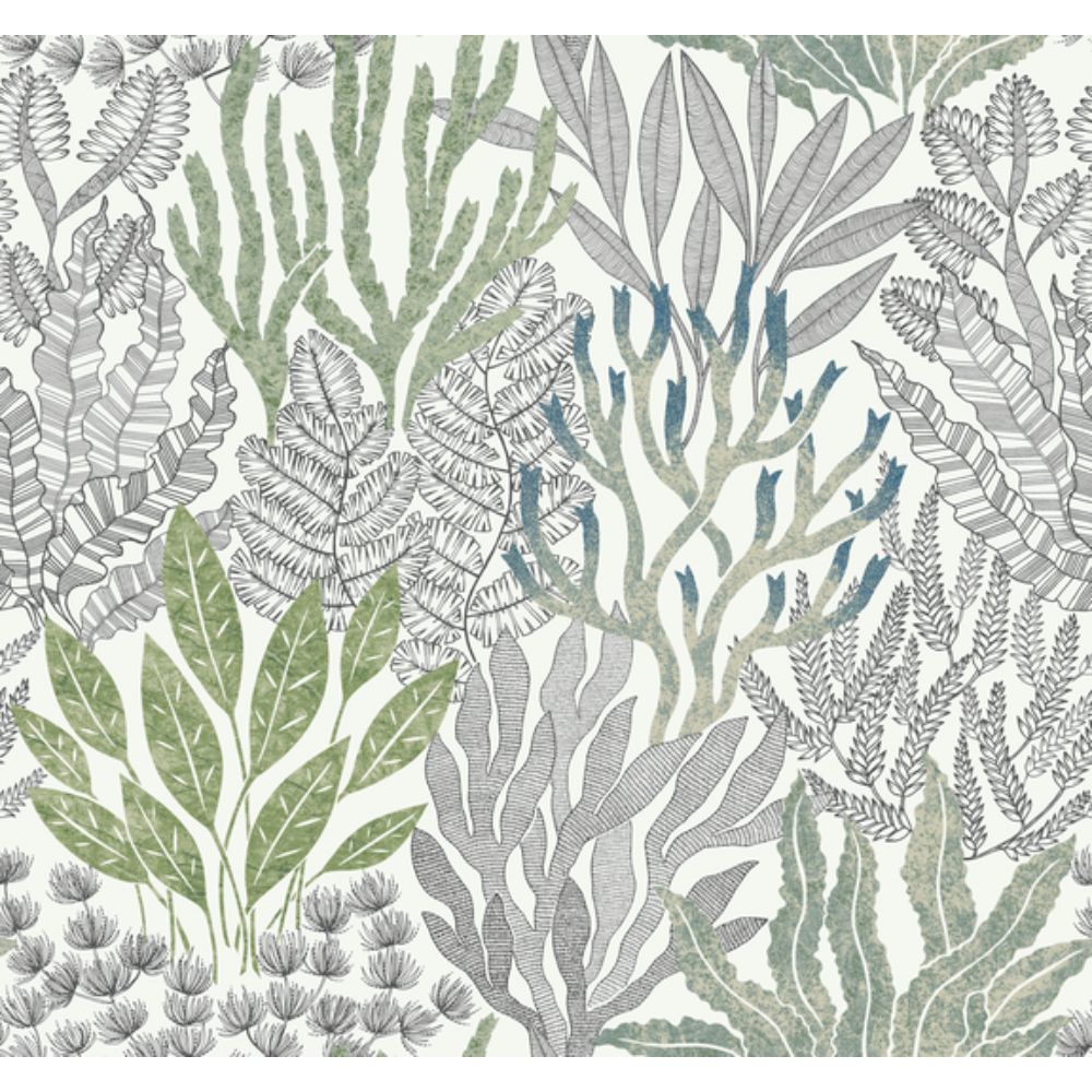 York RT7803 Toile Resource Library Blue & Green Coral Leaves Wallpaper
