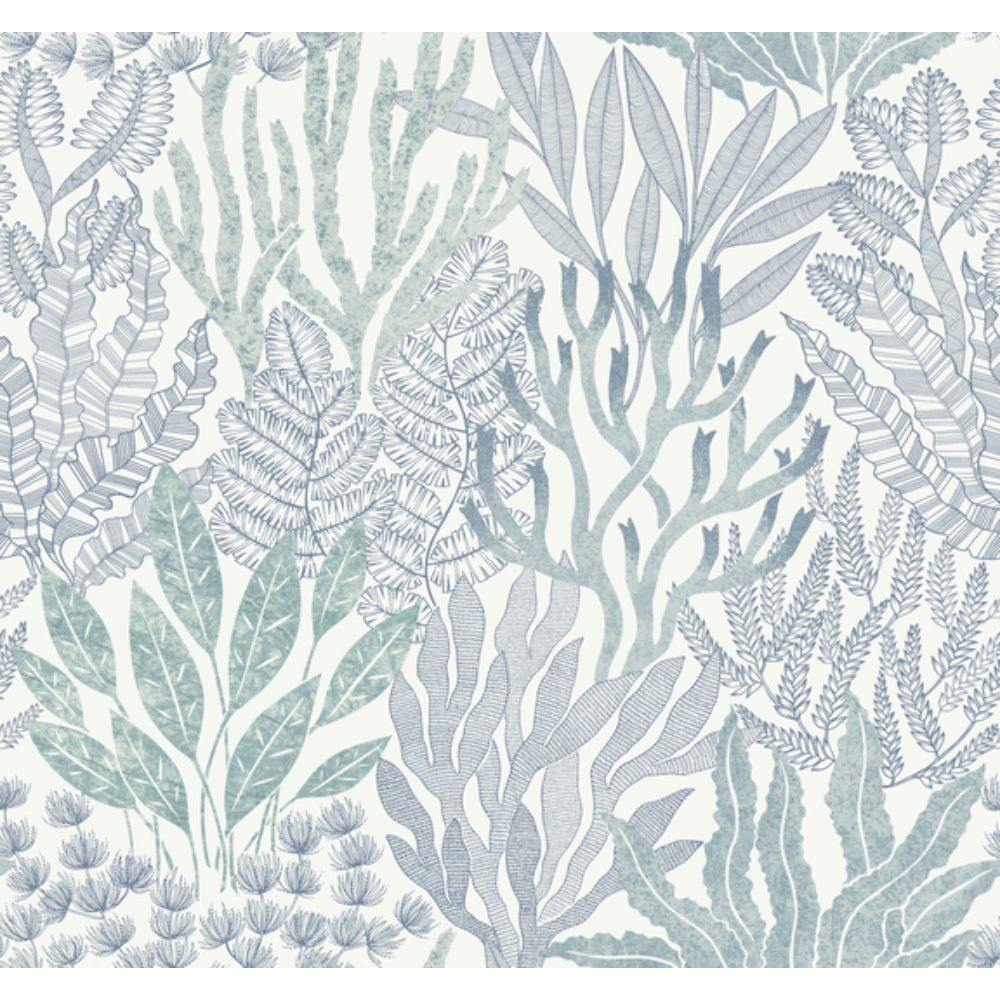 York RT7804 Toile Resource Library Blue & Aqua Coral Leaves Wallpaper