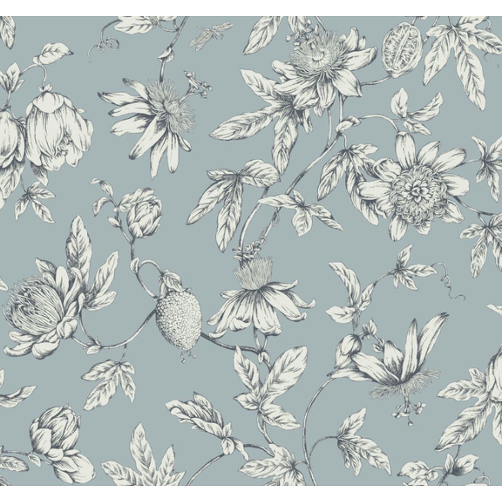York RT7853 Toile Resource Library Sky Blue Passion Flower Toile Wallpaper