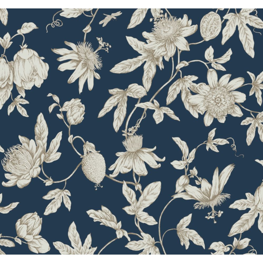 York RT7856 Toile Resource Library Navy Passion Flower Toile Wallpaper
