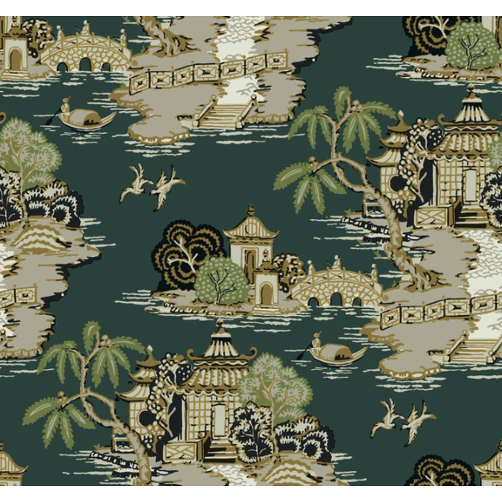 York RT7903 Toile Resource Library Forest Pagoda And Sampan Scenic Wallpaper