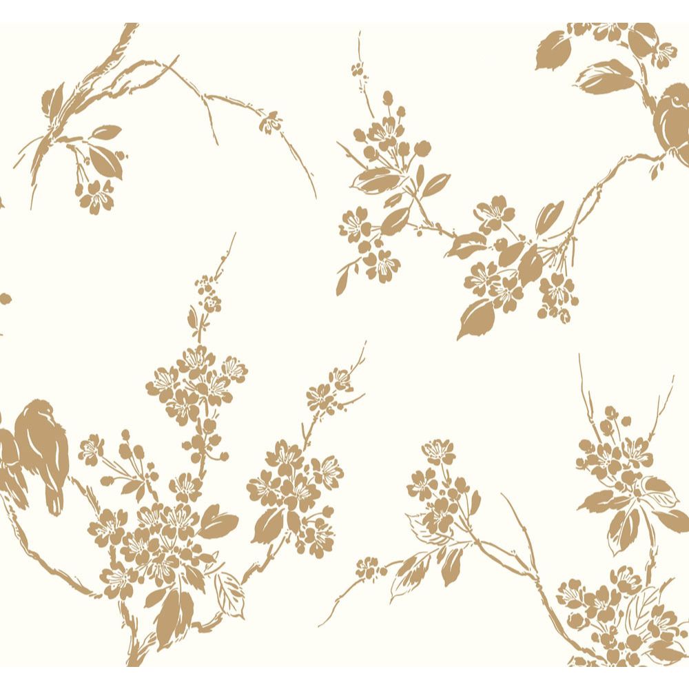 York SS2590 Silhouettes Imperial Blossoms Branch Wallpaper in Metallic Gold/White