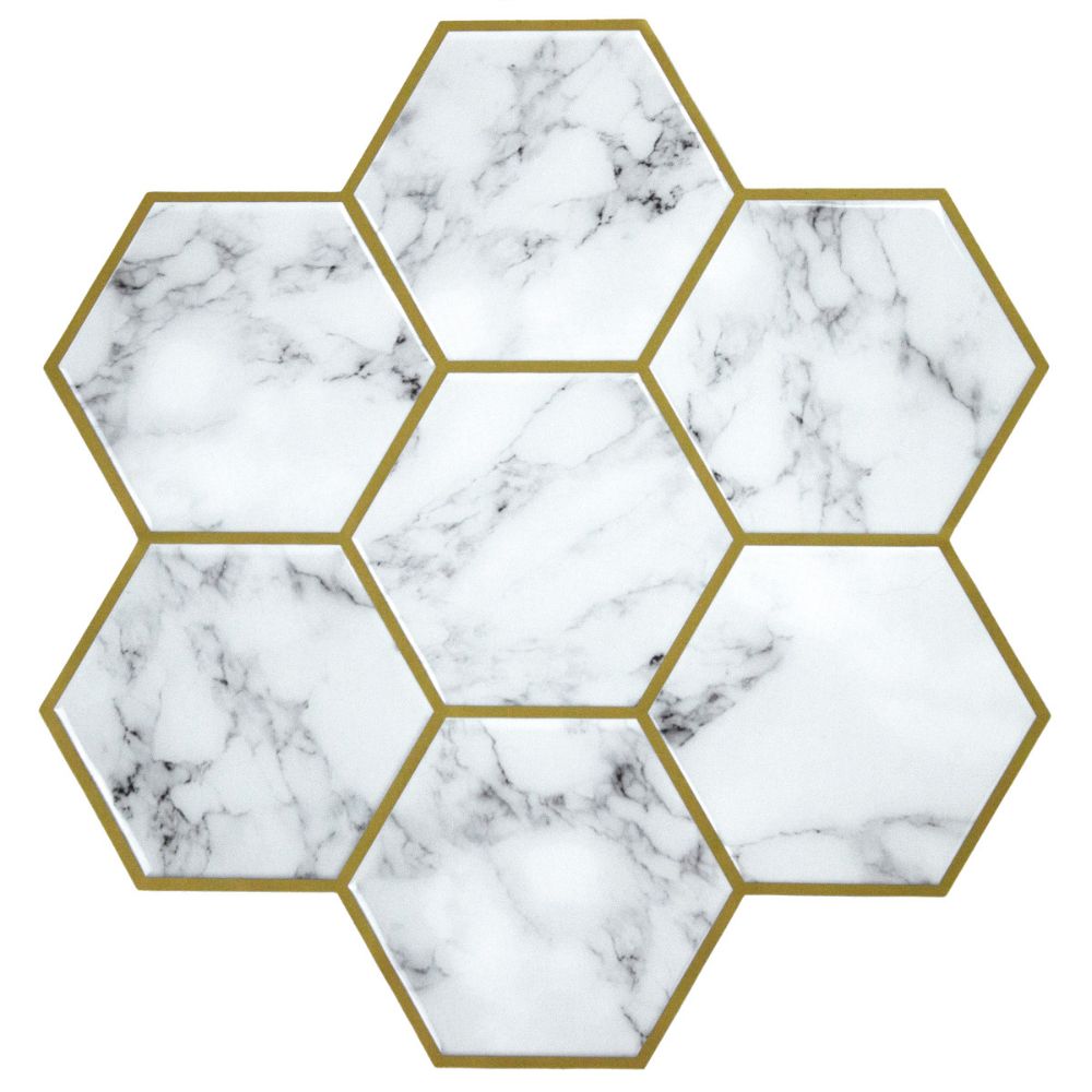 RoomMates by York TIL4989FLT RoomMates Cararra Marble And Gold Large Hexagon Sticktile in White, Gold