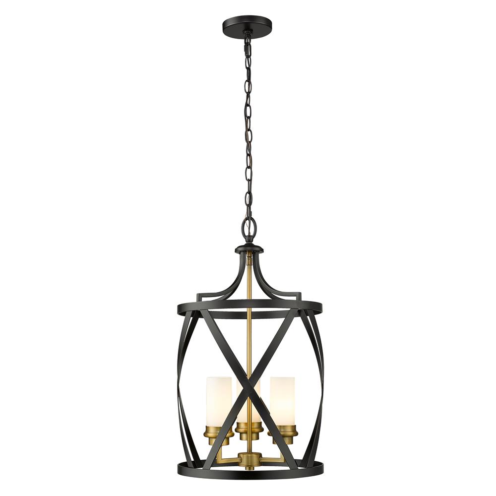 Z-Lite 481P14-MB-OBR Malcalester 3 Light Pendant in Matte Black + Olde Brass with Whte Shade