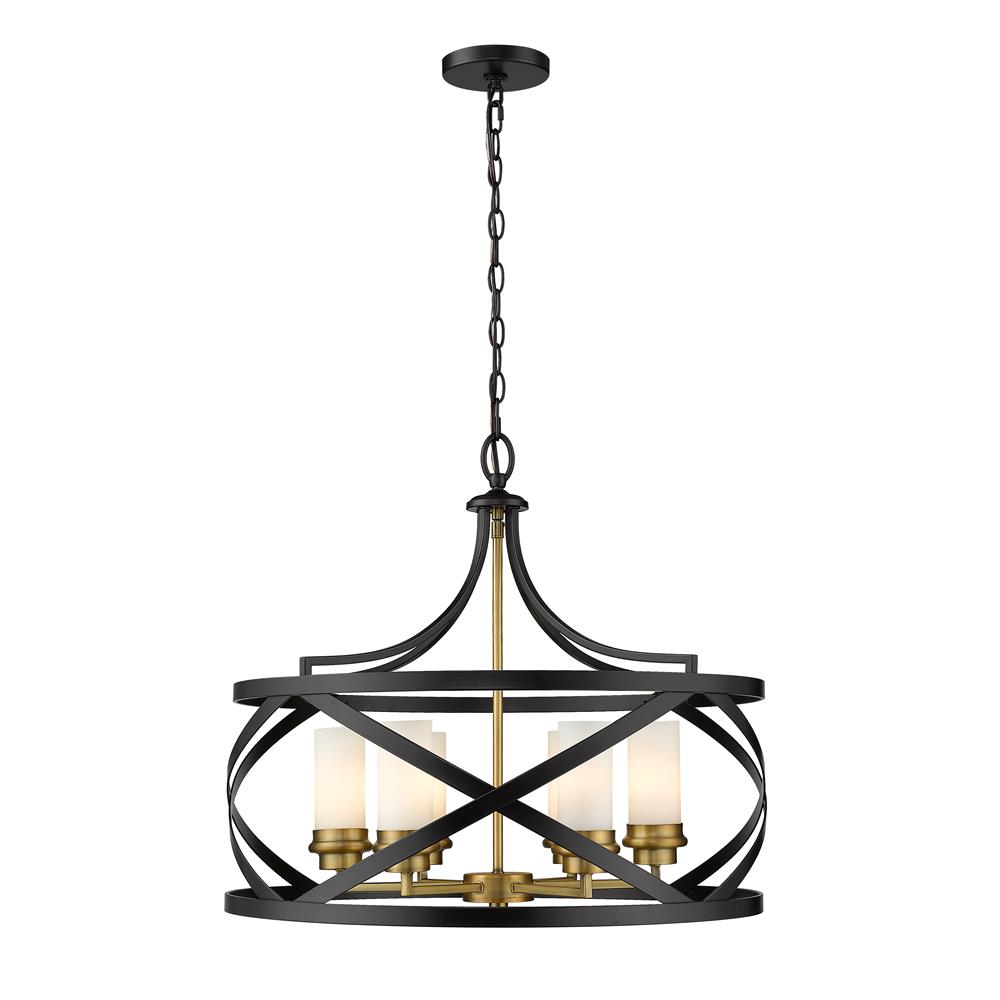 Z-Lite 481P24-MB-OBR Malcalester 6 Light Pendant in Matte Black + Olde Brass with Whte Shade