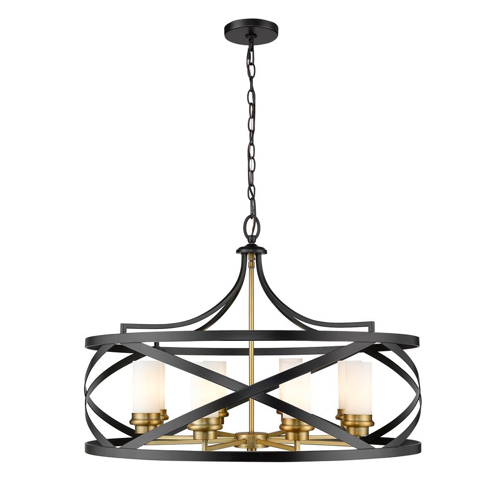 Z-Lite 481P30-MB-OBR Malcalester 8 Light Pendant in Matte Black + Olde Brass with Whte Shade