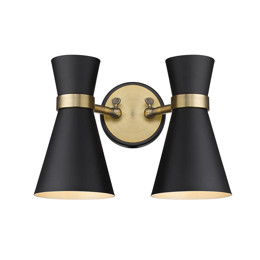 Z-Lite 728-2S-MB-HBR Soriano 2 Light Wall Sconce in Matte Black + Heritage Brass with Matte Black Shade